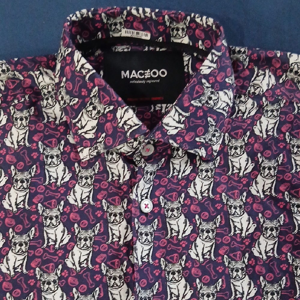 MacZoo Men's Casual Bulldog Print Shirt - Blue and Pink